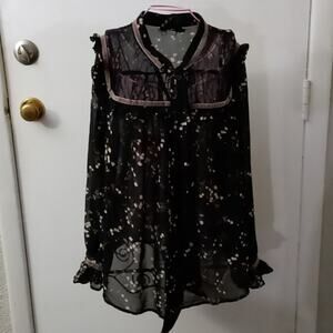 Blu Pepper Black/Pink Sheer Floral Secretary Bow Blouse S Balletcore Boho Prints